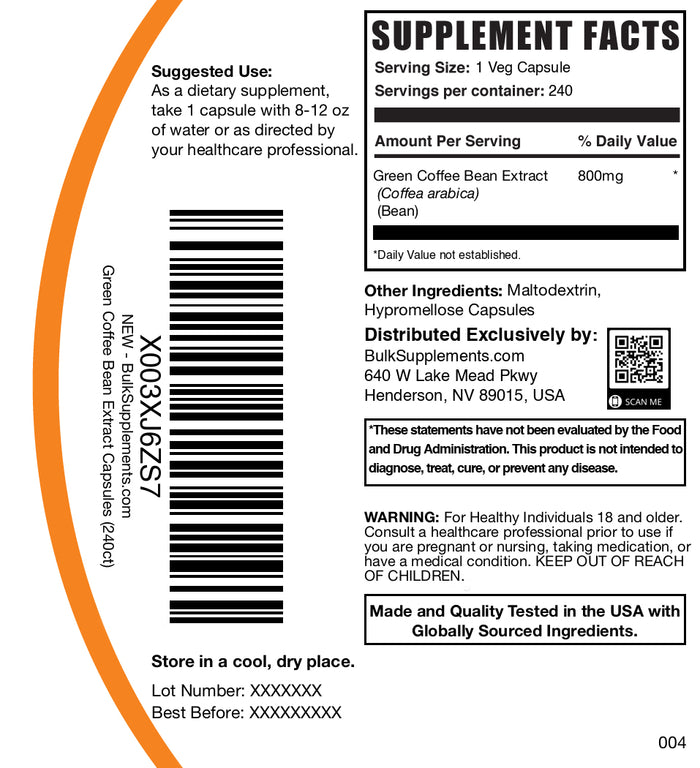 Green coffee bean extract 240 capsules label