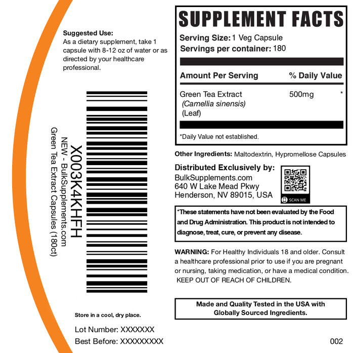 Green Tea Extract 180 capsules label
