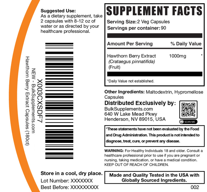 Hawthorn berry extract 180 capsules label