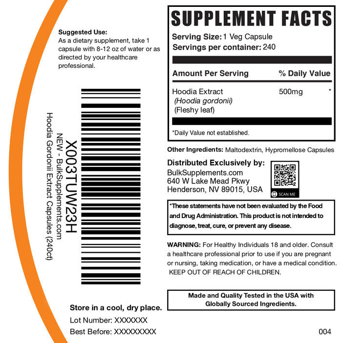 Hoodia extract 240 capsules label