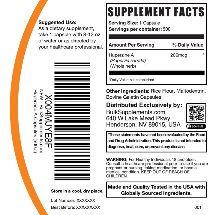 Huperzine A 200mcg 500 capsules label
