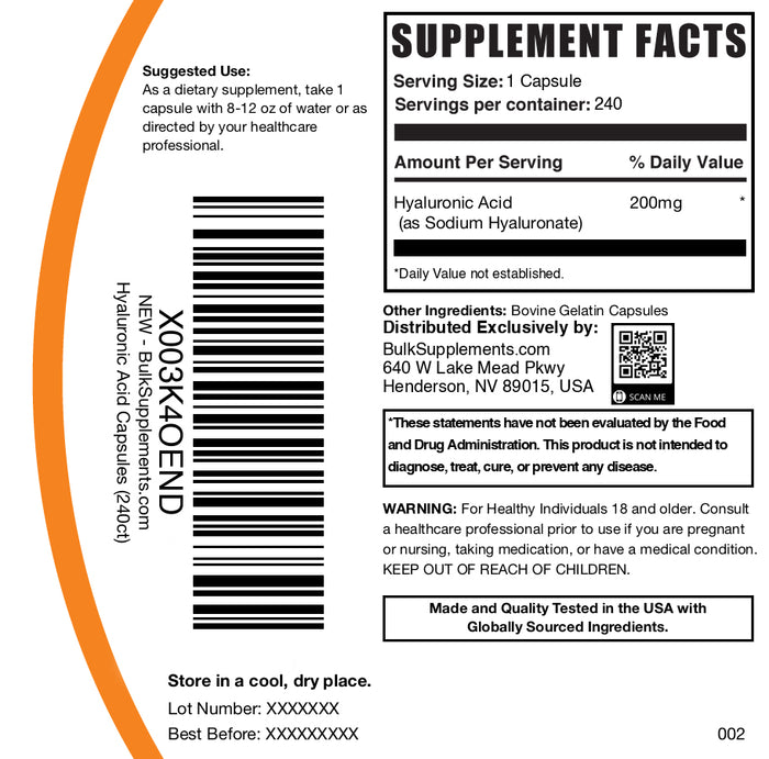 Hyaluronic acid capsules 240 ct label