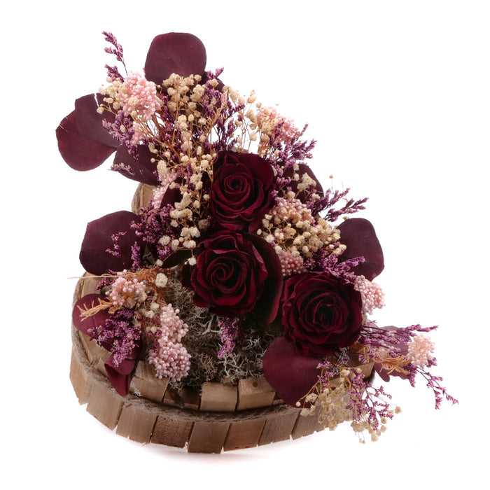 Irigo drevené srdce Monalisa burgundy, gypsophila a limonka