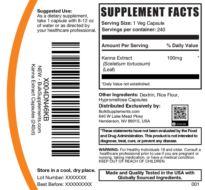 Kanna extract 240 capsules label