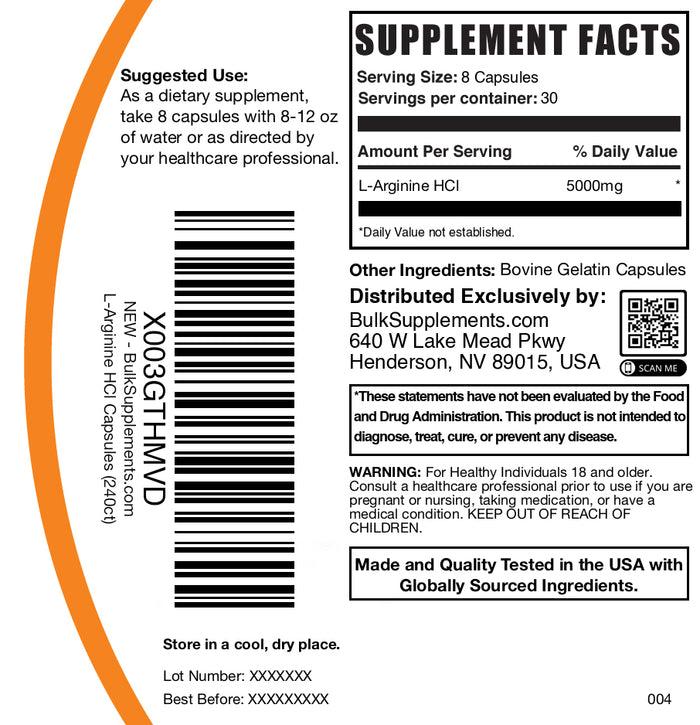 L-Arginine HCl 240 capsules label