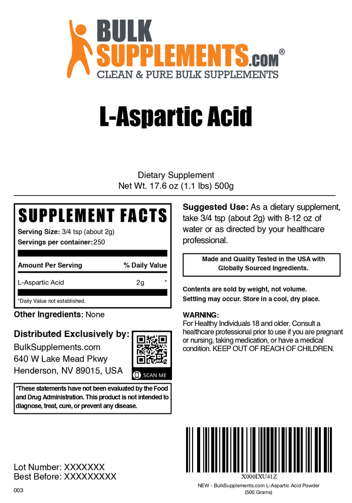 L-Aspartic Acid powder bag label 500g