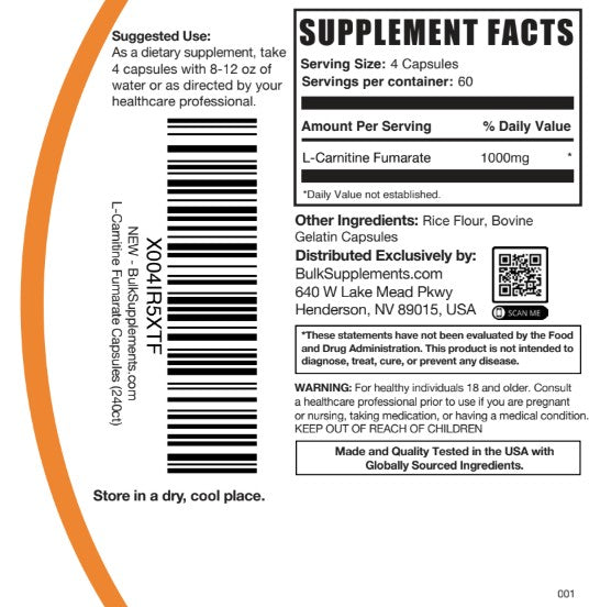 L-Carnitine Fumarate Capsules 240ct Bottle Label