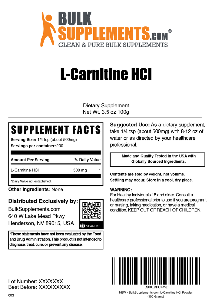 L-Carnitine HCl powder label 100g