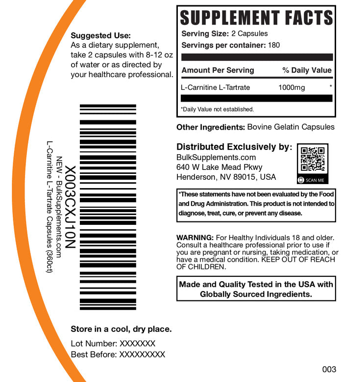 L-Carnitine L-Tartrate 360 capsules label