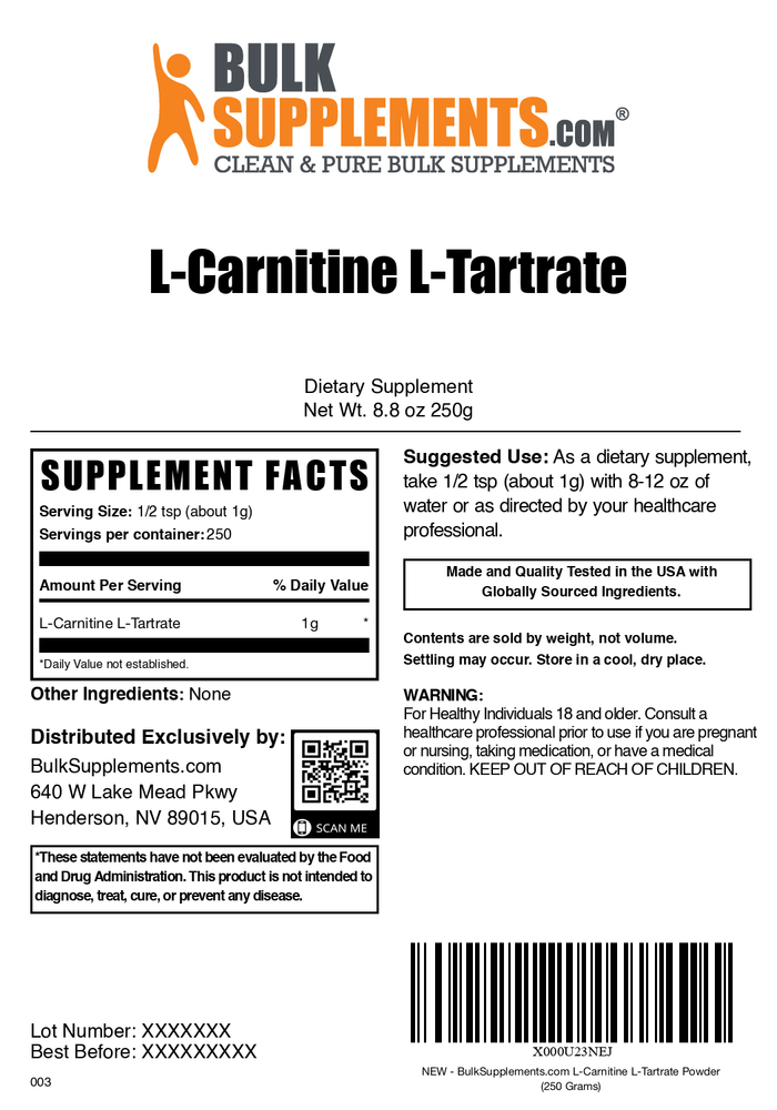 L-Carnitine L-Tartrate powder label 250g
