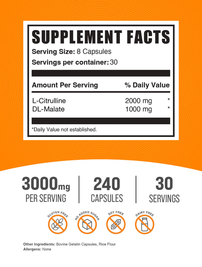 L-Citrulline DL-Malate 2:1 capsule label 240 ct