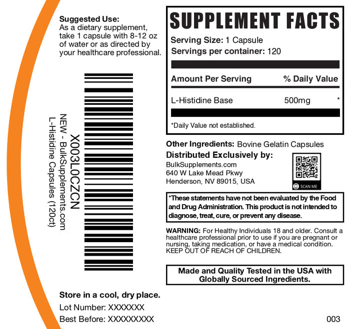L-Histidine 120 capsules label