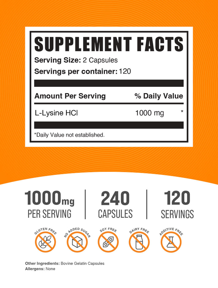 L-Lysine 240 capsules label