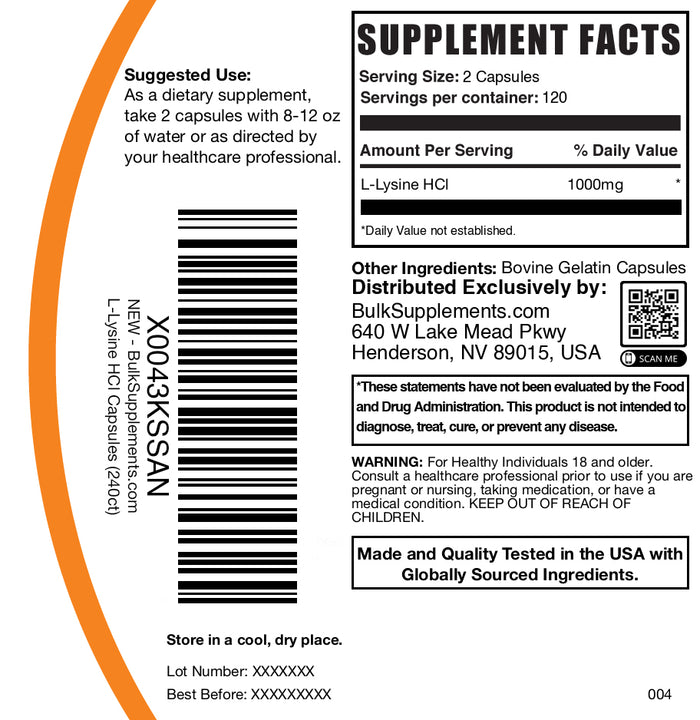 L-Lysine 240 capsules label