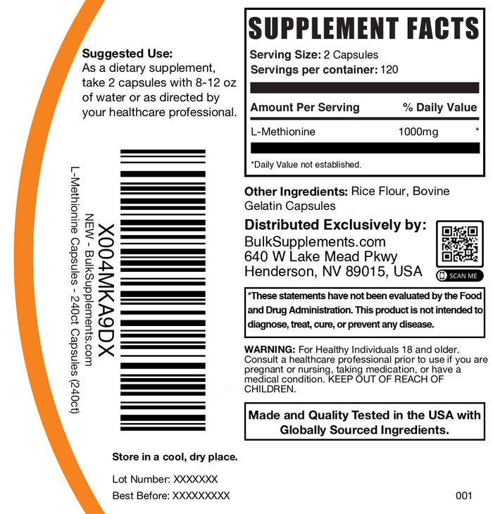 L-Methionine 240 capsules label