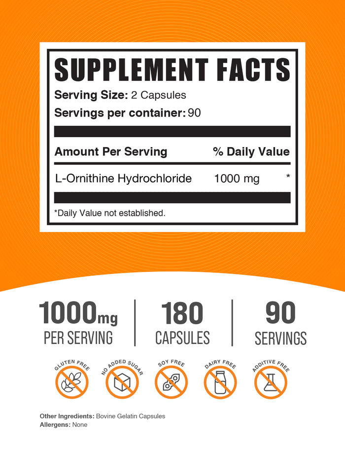 BulkSupplements L-Ornithine HCl Capsules 1000mg 180ct Supplement Facts