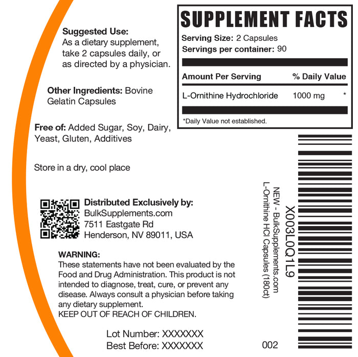 L-Ornithine Hydrochloride capsules 120 ct label