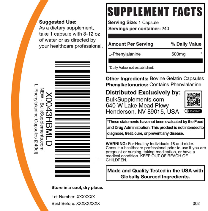 L-Phenylalanine 240 capsules label