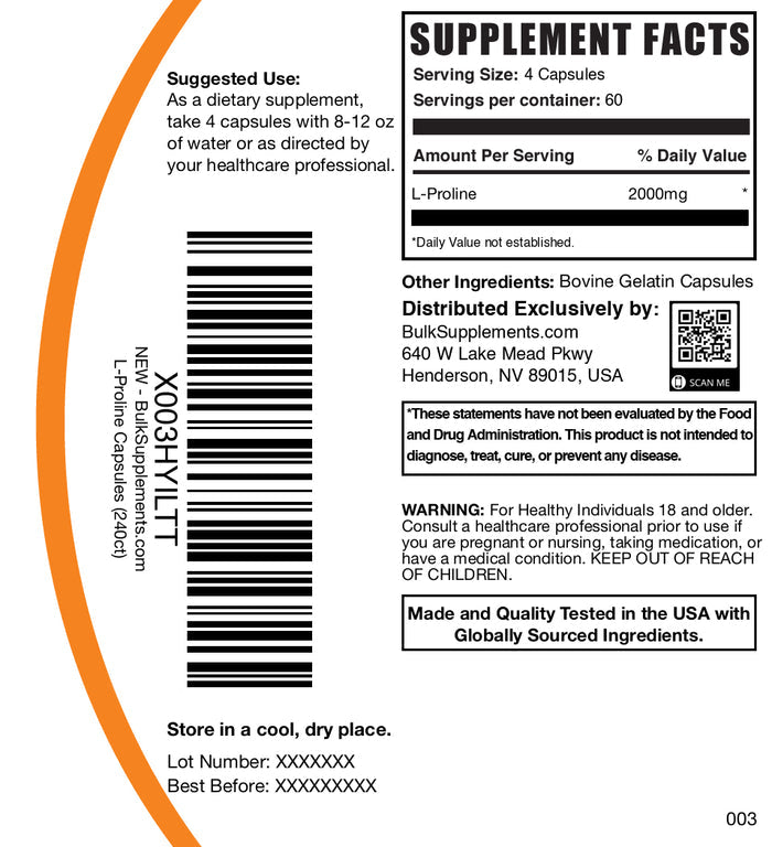 L-Proline 240 capsules label