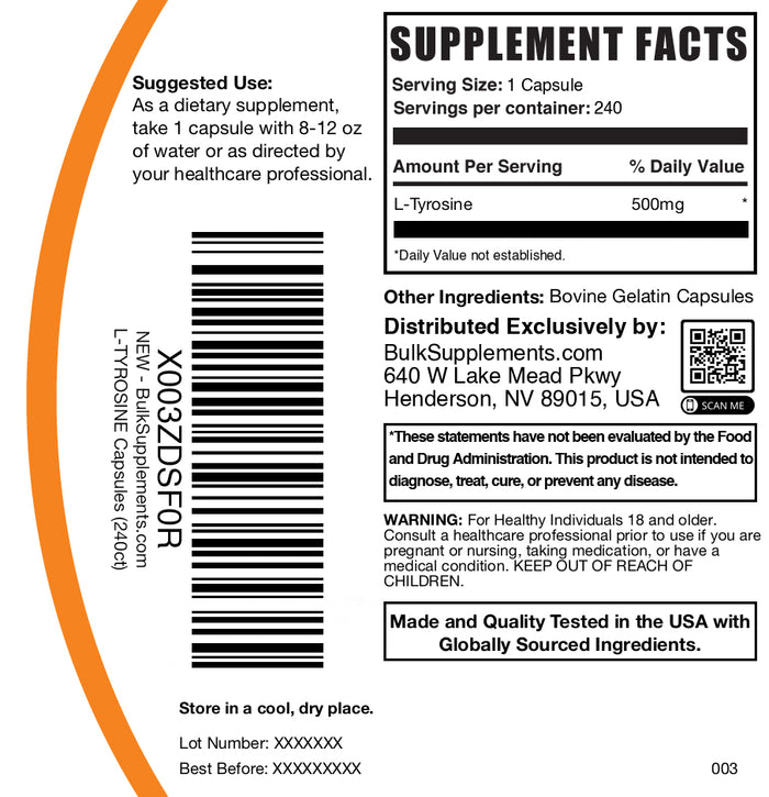 L-Tyrosine 240 capsules label