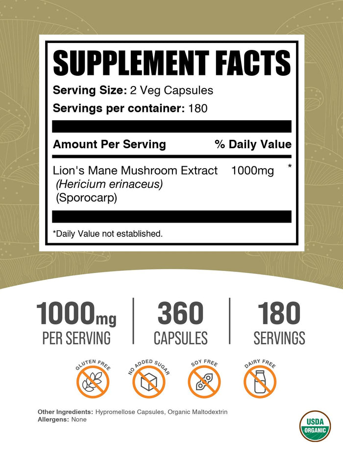 Lion's Mane Mushroom Extract Capsules 360ct Label
