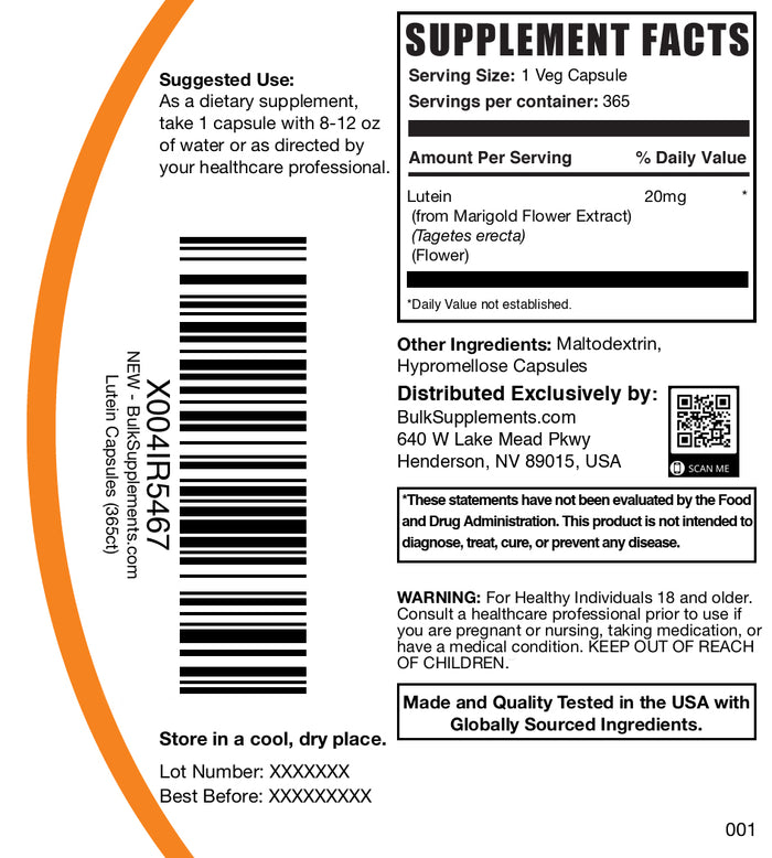 Lutein 20mg 365 capsules label