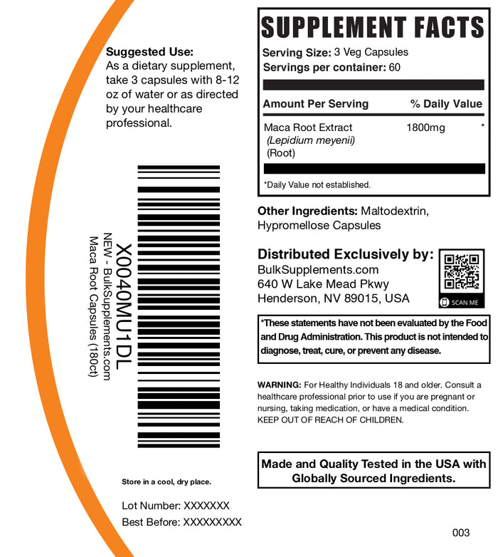 Maca root extract 180 capsules label
