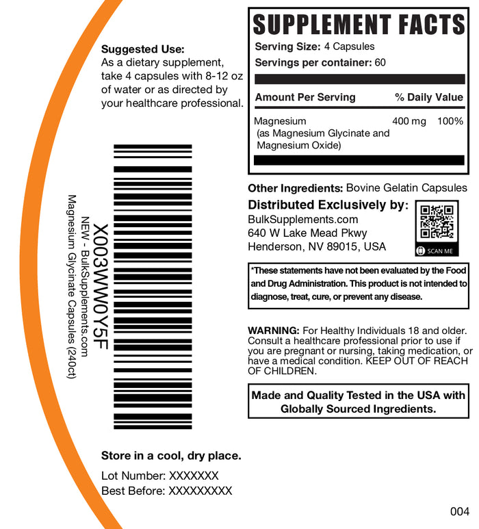 Magnesium Glycinate 400mg 240 capsules label