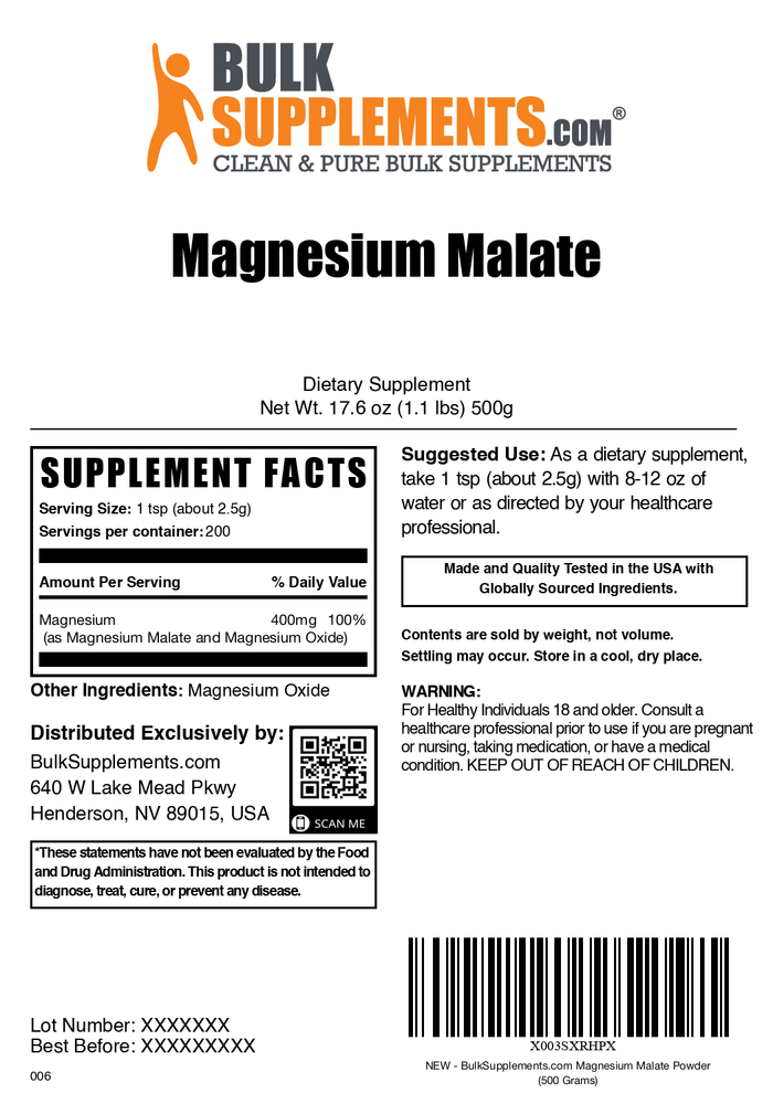 Magnesium Malate Powder 500g Bag Label