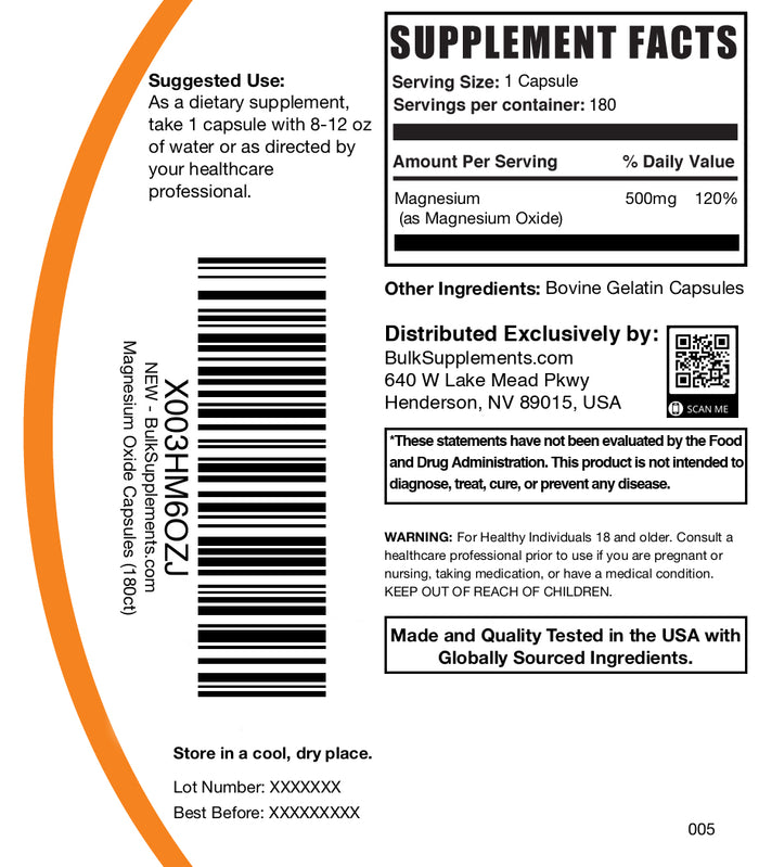 Magnesium oxide 180 capsules label