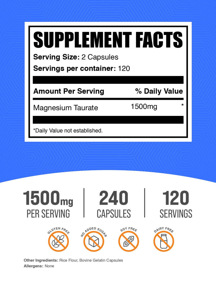 Magnesium taurate 240 capsules label