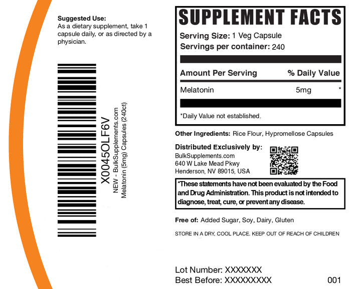 Melatonin 240 capsules 5mg label