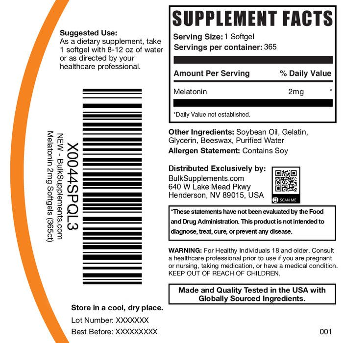 Melatonin 2mg 365 softgels label