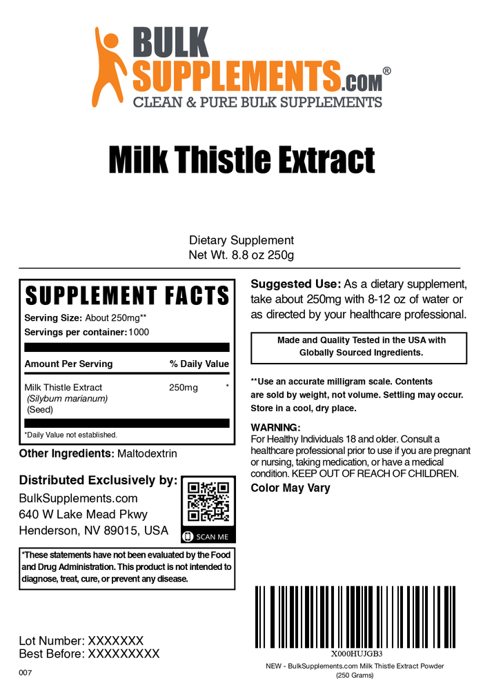 Milk thistle extract powder label 250g