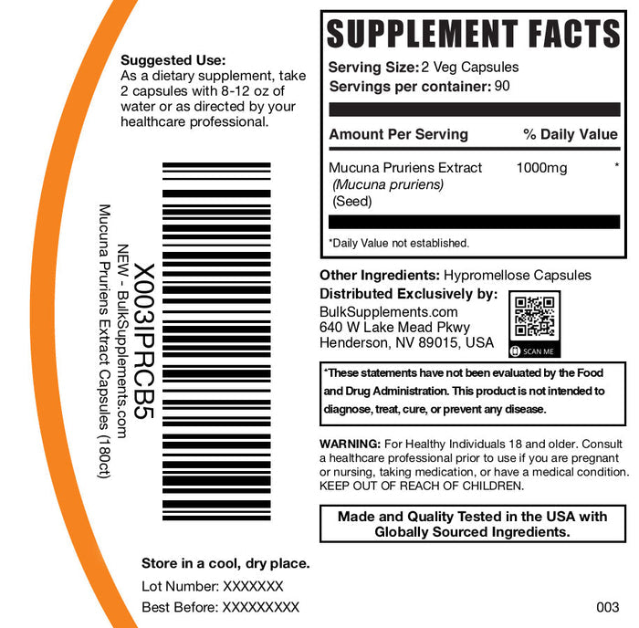 Mucuna pruriens extract 180 capsules label