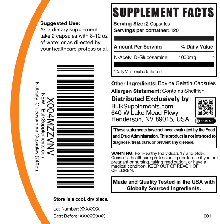 N-Acetyl D-Glucosamine (NAG) 240 capsules label