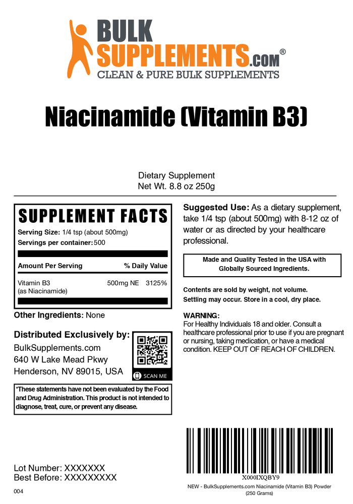 Niacinamide (Vitamin B3) Powder 250g Bag Label