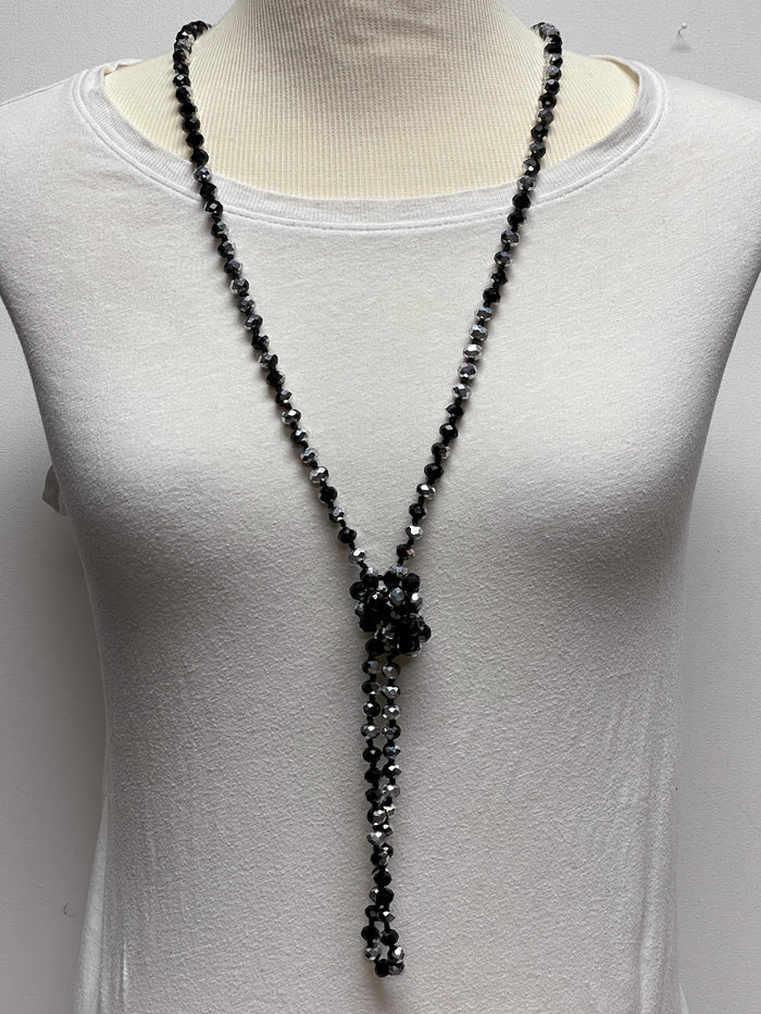 NK-2244 BLACK SILVER 60" hand knotted glass bead necklace