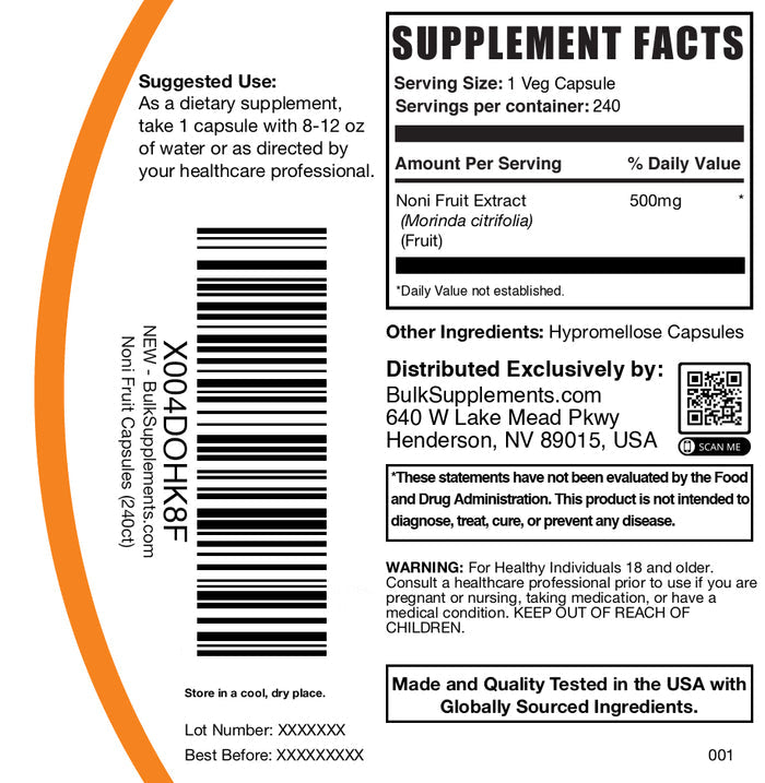 Noni fruit extract 240 capsules label