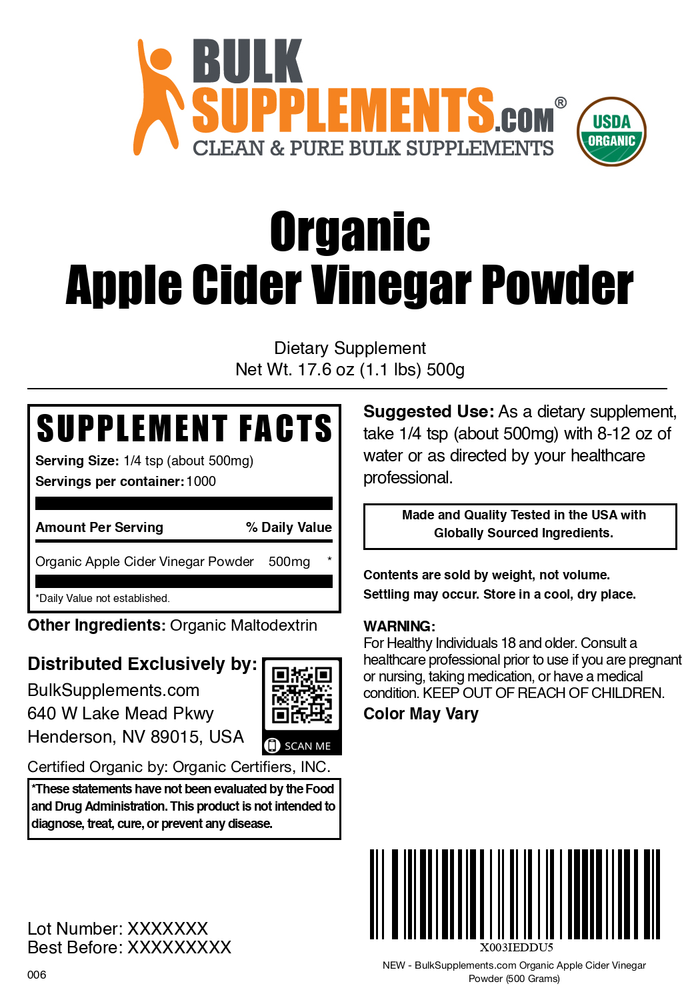 Organic apple cider vinegar powder label 500g