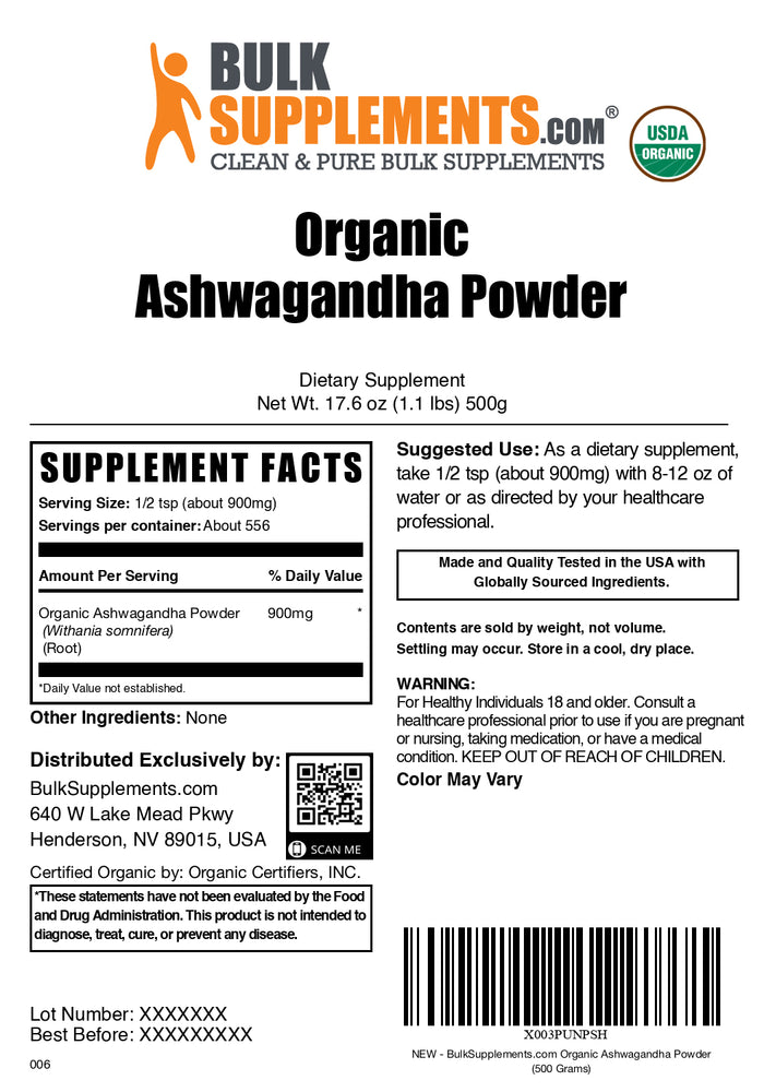 Organic ashwagandha root powder label 500g