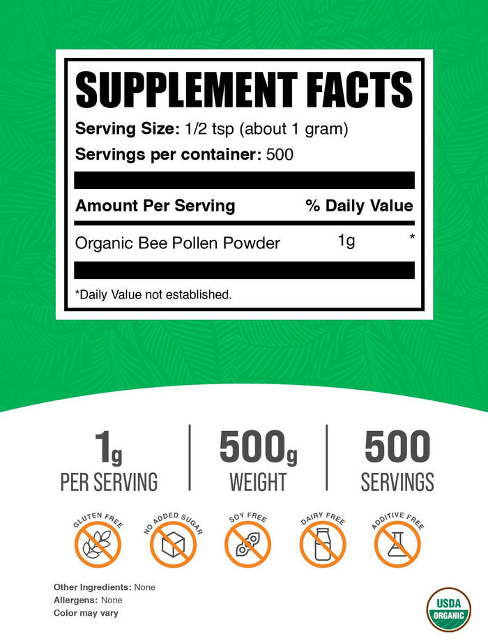 Organic Bee Pollen Powder 500g Label