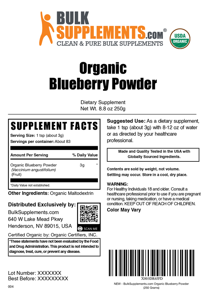 Organic blueberry powder label 250g