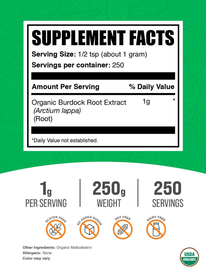 Organic Burdock Root Extract Powder 250g Label