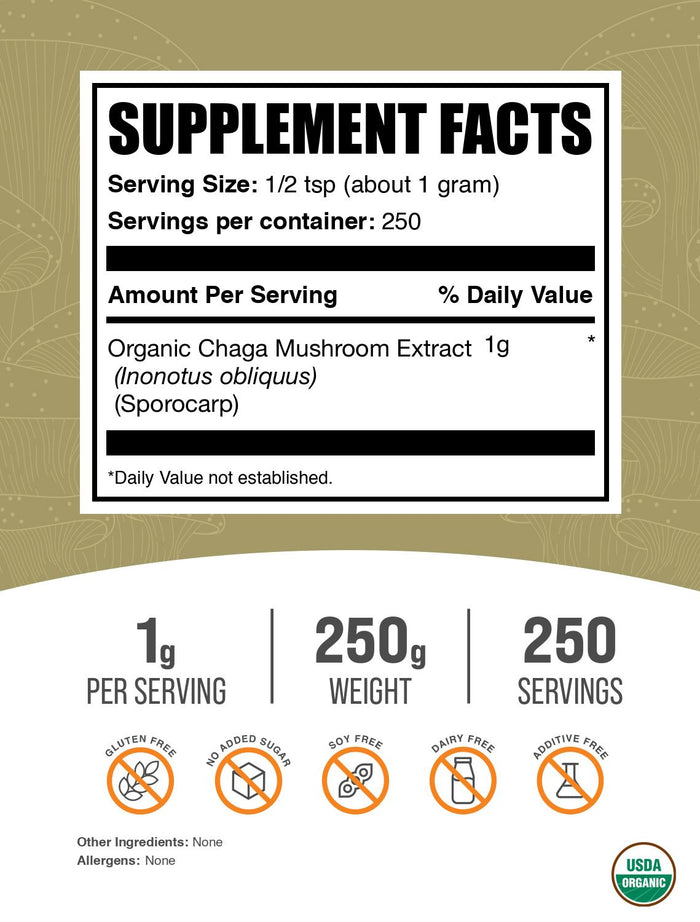 Organic Chaga Mushroom Extract Powder 250g Label Image
