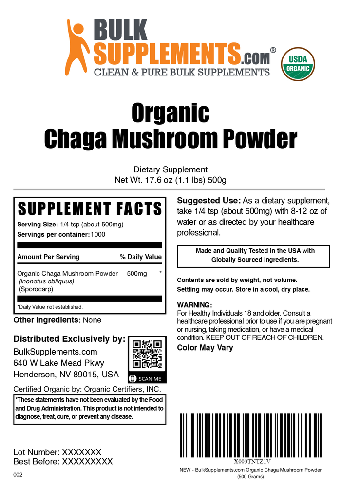 Organic chaga mushroom powder label 500g
