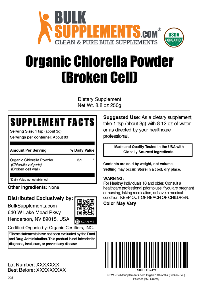 Organic chlorella powder label 250g