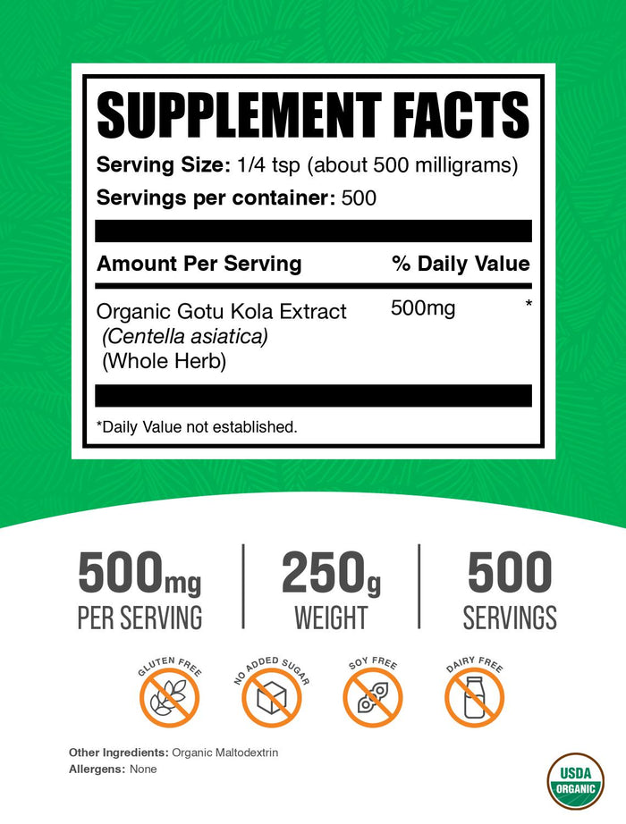 Organic gotu kola extract powder label 250g