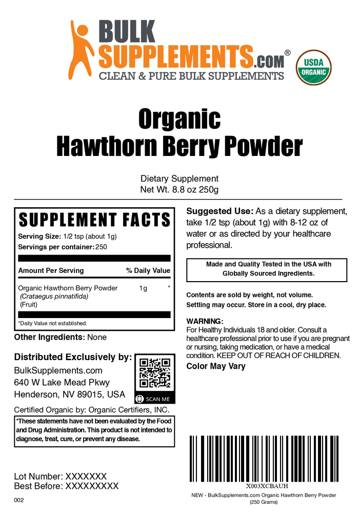 Organic hawthorn berry powder label 250g