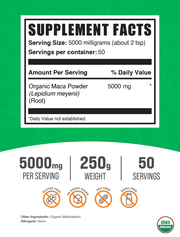 Organic Maca powder label 250g
